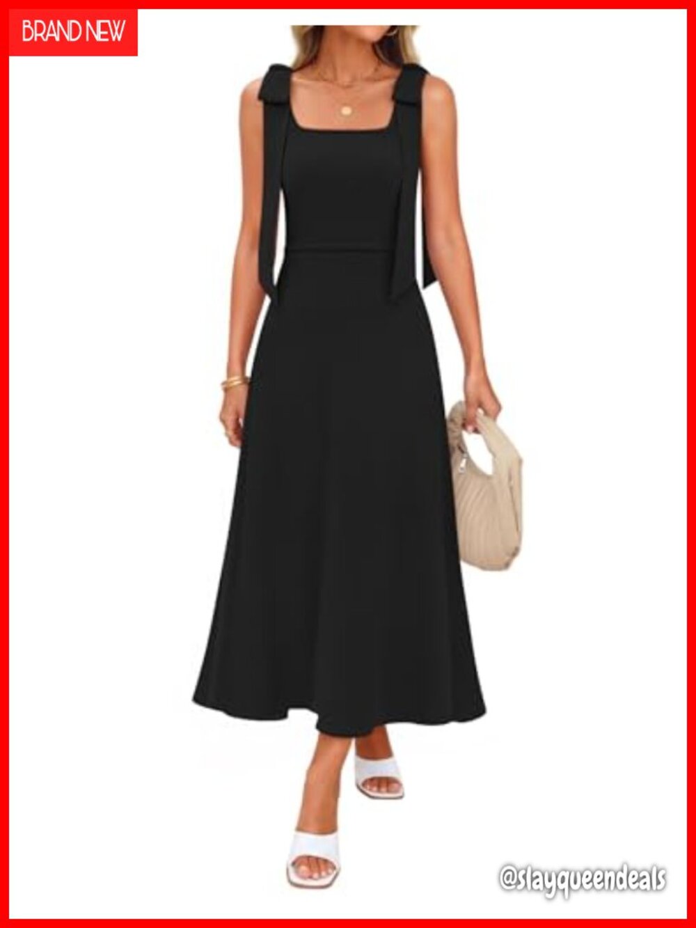 Sleeveless Knit Midi Sweater Dress Square Neck Bow Straps Backless